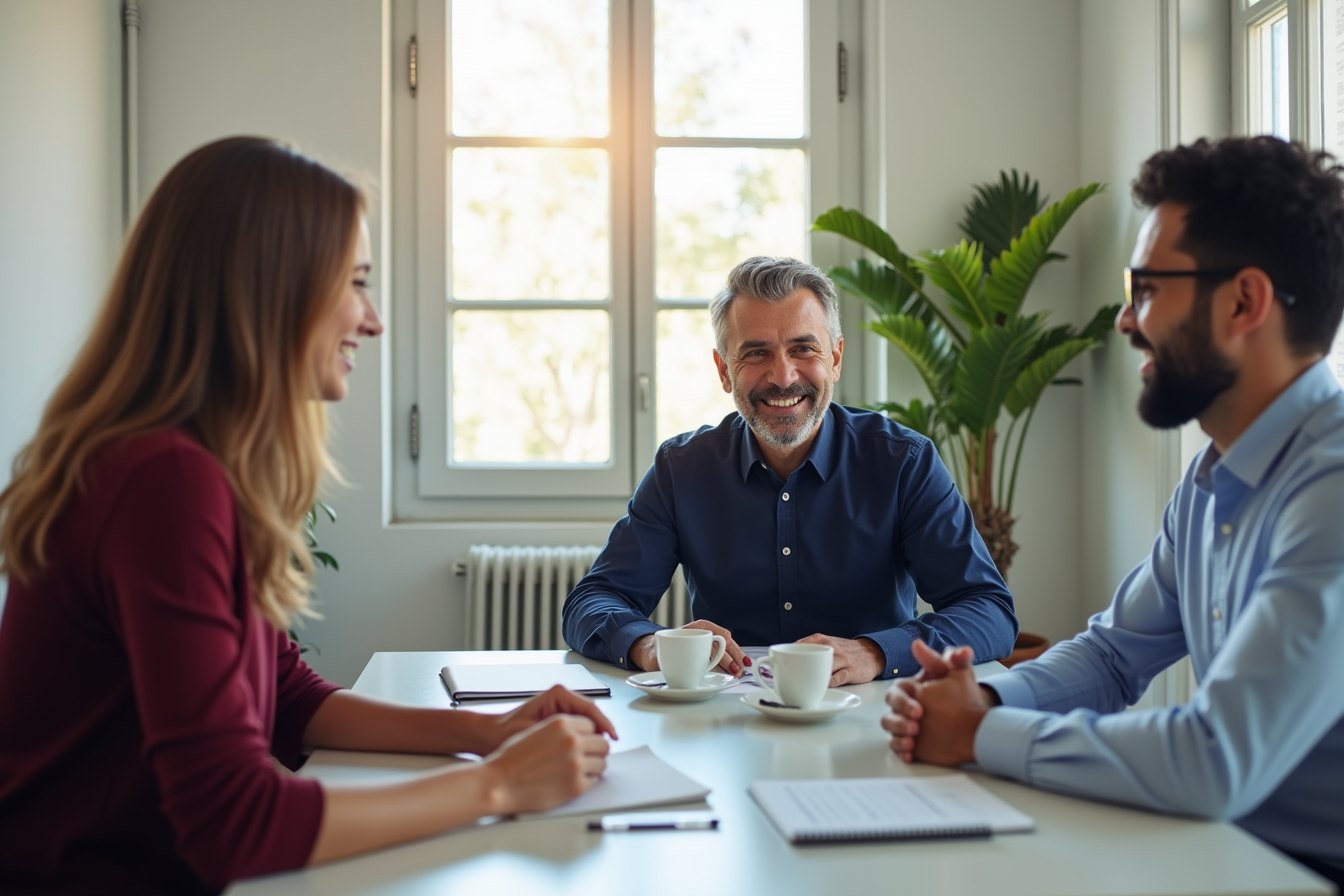 Contador conversando con una pareja de emprendedores